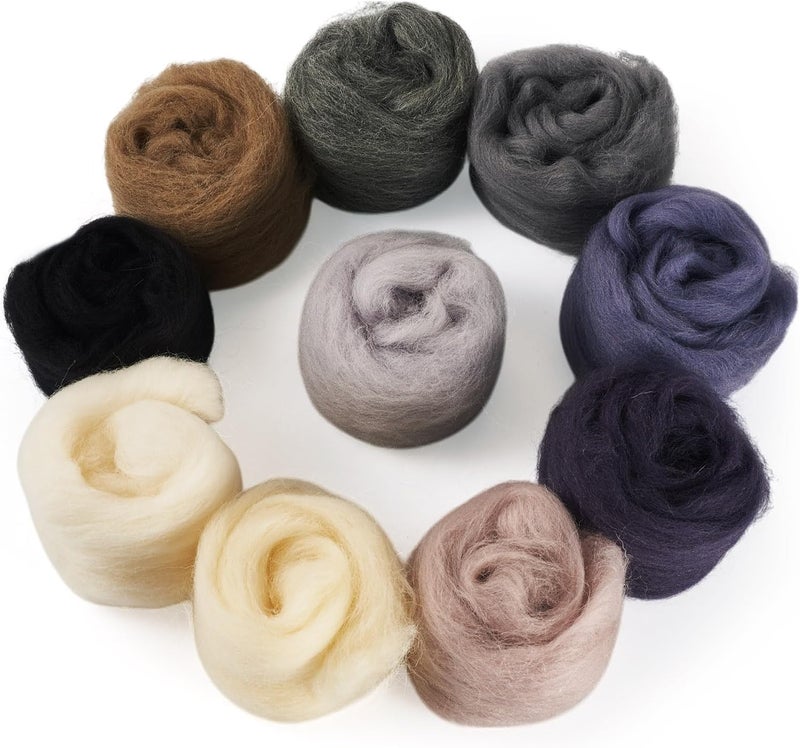 Boutigem 10 Colors 50G Black White Gray Needle Felting Wool Roving, DIY Craft Spinning Wool Roving for Needle Felting, Chunky Handmade Fibre Yarn for Beginners DIY Hand Spinning, Weaving and Blending - Image 1